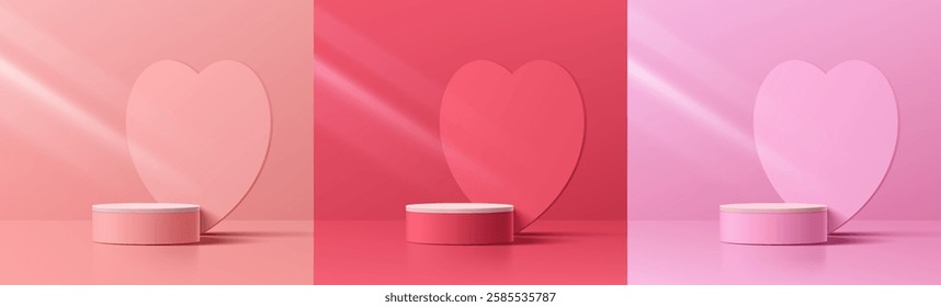 Set of 3D podium valentine day background with pink, red and white cylinder pedestal. Pink heart shape backdrop. Vector geometric platform. Mockup product display. Minimal wall scene. Stage showcase.