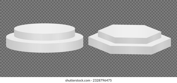 Set of 3D podium. White podium. Vector geometric forms. Abstract minimal wall scene for mockup products display. Ralistic podium on abstract background