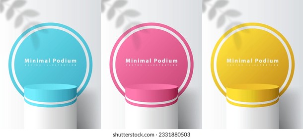 Set of 3D podiums concept. Pink, blue and yellow pedestal for cosmetics advertising. Cylindrical platforms with space for text. Cartoon isometric vector collection isolated on white background