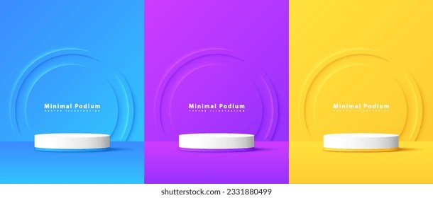 Conjunto de concepto de podios 3D. Veladores violetas, azules y amarillos para publicidad de cosméticos. Comercialización y comercio electrónico. Colección vectorial isométrica de dibujos animados aislada en fondo blanco
