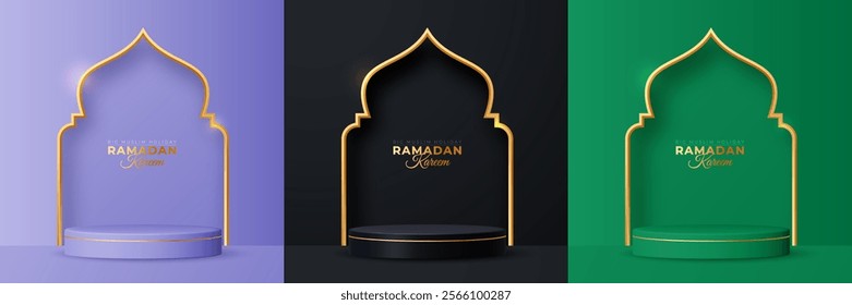 Set of 3D podiums in purple, black, and green with mosque gate shapes and gold accents. Minimalist Ramadan and Eid al-Adha design for product displays and promotions.