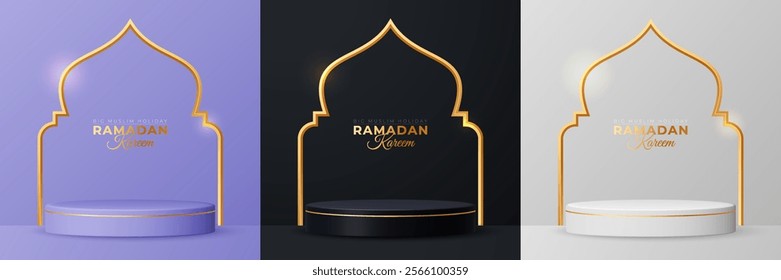Set of 3D podiums in purple, black, and white with mosque gate shapes and gold accents. Minimalist Ramadan and Eid al-Adha design for product displays and promotions.
