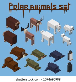 Set of 3D polar animals. Northern animals. Front and back view. Isolated 3D vector illustration. EPS 10