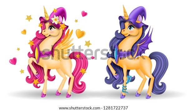 Set of 3D Pony Unicorn with Jewel on Armor,\
Wizard Hat, Flower, Big Eyes and Golden Horns, Wings, Multicolor,\
Long Hair(Mane, Tail), Stars, Hearts, Blue Snake, Cartoon Character\
Realistic illustration