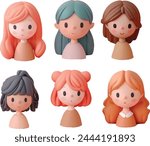 Set of 3d portraits of cute girls on a white background. Cartoon characters woman, vector illustration.