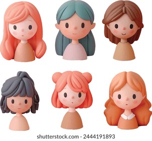 Set of 3d portraits of cute girls on a white background. Cartoon characters woman, vector illustration.