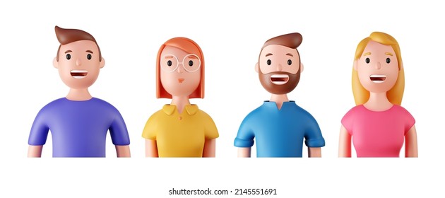 Set of 3d portraits of happy people on a white background. Cartoon characters woman and man, vector illustration.
