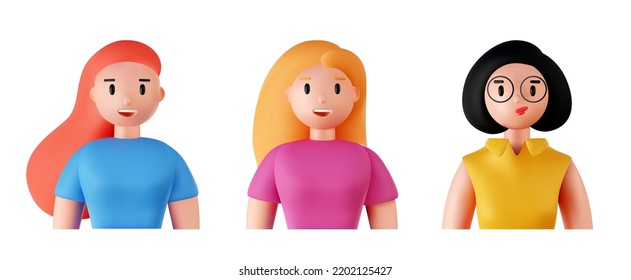 Set of 3d portraits of happy people on a white background. Cartoon characters woman and man, vector illustration.