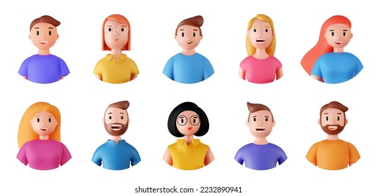 Set of 3d portraits of happy people on a white background. Cartoon characters woman and man, vector illustration. - Shutterstock ID 2232890941
