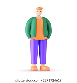 Set of 3d portraits of happy people on a white background. Cartoon characters woman and man, vector illustration. Stylized fashion characters with big body, bodypositive figure.