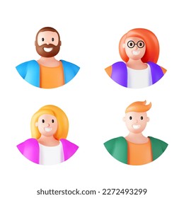 Set of 3d portraits of happy people on a white background. Cartoon characters woman and man, vector illustration. Stylized fashion characters with big body, bodypositive figure.