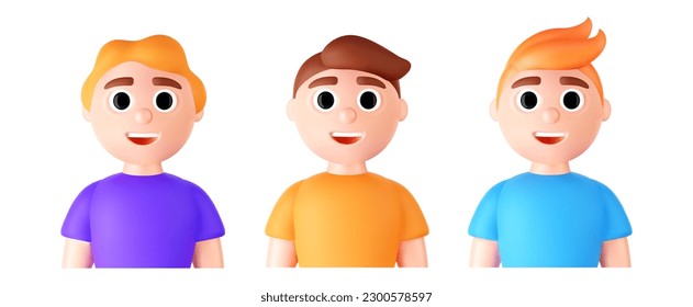 Set of 3d portraits of happy people on a white background. Cartoon characters woman and man, vector illustration.