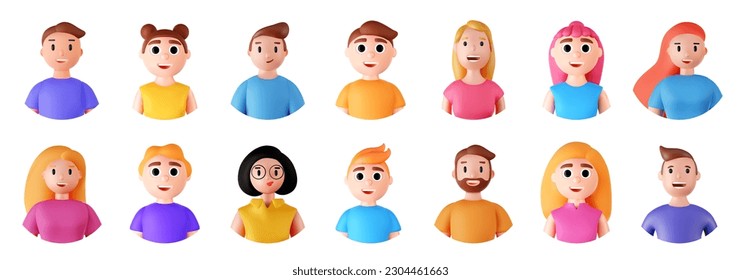 Set of 3d portraits of happy people on a white background. Cartoon characters woman and man, vector illustration.