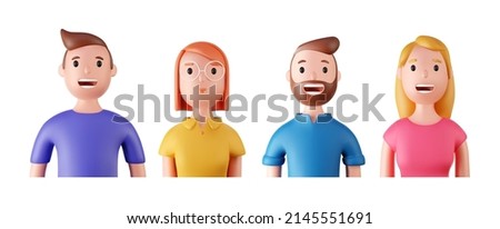 Set of 3d portraits of happy people on a white background. Cartoon characters woman and man, vector illustration.