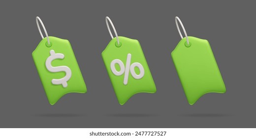 Set of 3D price tag isolated on dark background. Green sale promo labels with sign of dollar and discount percent 3D vector illustration set. Commercial retail special price card voucher coupon icons.