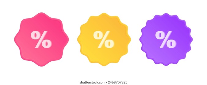 Set of 3d price tag with percent symbol. Design concept of shopping price tag, discount coupon. Starburst sticker with discount sign. Vector illustration.