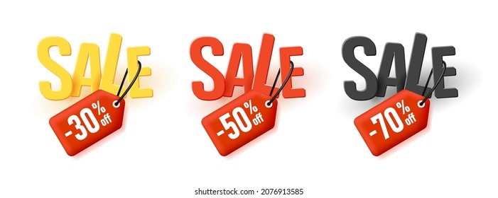 Set of 3d price tags illustration with big volume sale typography and label on letters, isolated