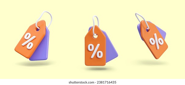 Set of 3D price tags in plasticine style. Orange and purple tags with percent sign. Discount, sale. Promotion offer tag. Marking of products with reduced prices. Vector object in different position