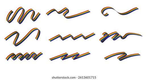 Set of 3D pride flag ribbons isolated on white background. Curled and zigzag rainbow flags for pride month. LGBTQ+ rainbow flag elements for design. Vector Illustration.