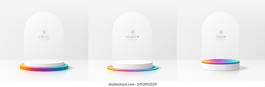 Set of 3D pride month background. White and rainbow color round podium with arch backdrop. Abstract composition in minimal design. Studio showroom product pedestal, Fashion showcase mock up scene.