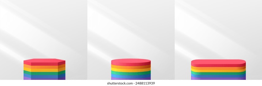 Set of 3D pride month background. Rainbow color round podium in clean white wall. Abstract composition minimalist design. Studio display showroom product pedestal, Fashion stage showcase mockup scene.