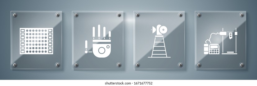 Set 3D printer, Antenna, Mechanical robot hand and Printed circuit board PCB. Square glass panels. Vector