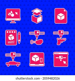 Establezca la pierna de pollo de la impresora 3D, configuración, pistola, coche, esbozo en papel, archivo de cubo isométrico e icono de software. Vector