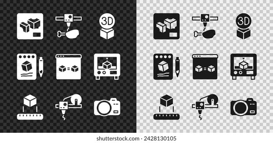 Set 3D printer, chicken leg, Isometric cube, Photo camera, Sketch on paper and perfect copy icon. Vector