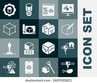 Set 3D printer chicken leg, 3d pen tool, Graphing paper for engineering, Isometric cube, setting and  icon. Vector