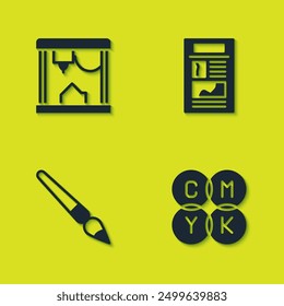 Set 3D printer, CMYK color mixing, Paint brush and News icon. Vector