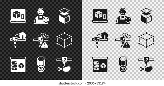 Set 3D printer, Graphic designer, Layers, chicken leg,  and warning icon. Vector