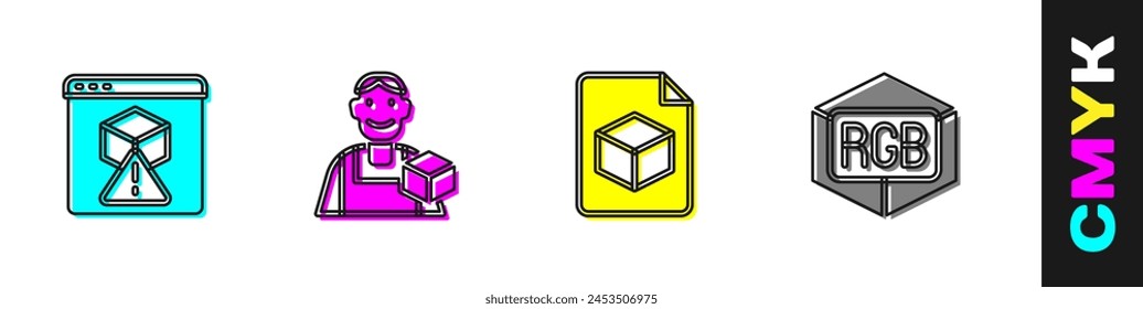 Set 3D printer, Graphic designer, Isometric cube file and RGB and CMYK color mixing icon. Vector