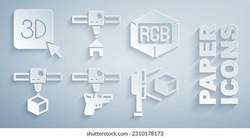 Ajuste la pistola de impresora 3D, mezcla de colores RGB y CMYK, cubo, escáner con, casa e icono. Vector