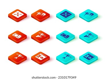 Set 3D printer house, Photo camera, gun,  and setting icon. Vector