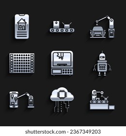 Set 3D printer, Internet of things, Factory conveyor system belt, Robot, Industrial machine robotic robot arm hand, Printed circuit board PCB,  and Smart home icon. Vector