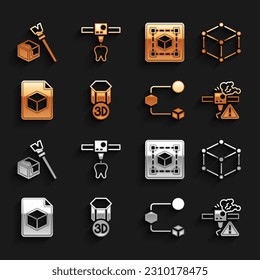 Set 3D printer, Isometric cube, warning, file, Geometric figure Cube,  and tooth icon. Vector