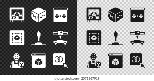 Set 3D printer, Isometric cube, perfect copy, Graphic designer, Geometric figure Cube and model icon. Vector