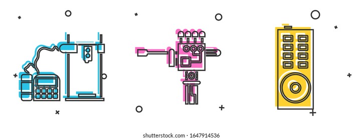 Set 3D printer, Mechanical robot hand and screwdriver and Remote control icon. Vector