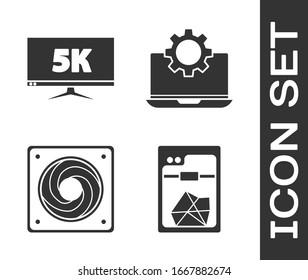 Set 3D printer, Monitor display with 5k video, Computer cooler and Laptop and gear icon. Vector