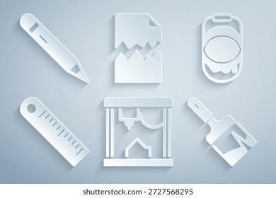 Defina impressora 3D, Lata de tinta, Régua, pincel, Documento rasgado e Lápis com ícone de borracha. Vetor