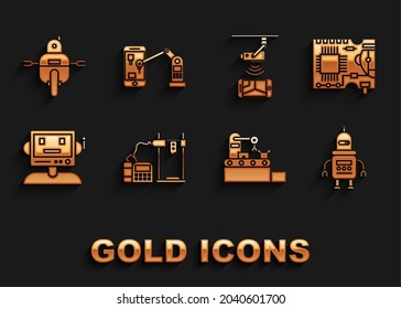 Set 3D printer, Printed circuit board PCB, Robot, Factory conveyor system belt, Wireless Controlling CCTV security camera,  and Industrial machine robotic robot arm hand icon. Vector