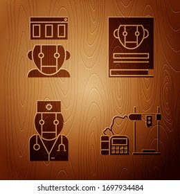 Set 3D printer, Robot, Robot doctor and User manual on wooden background. Vector