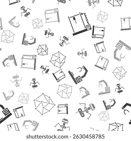 Set 3D printer, Robot, Robotic robot arm hand factory and Neural network on seamless pattern. Vector