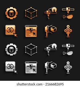 Set 3D printer setting, chicken leg, scanner, with cube,  and Isometric icon. Vector