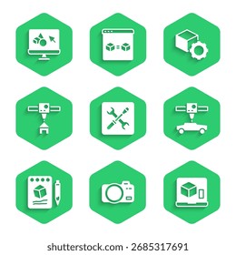 Ajuste la configuración de la impresora 3D, cámara de fotos, coche, bosquejo en papel, casa, cubo isométrico e icono de software. Vector