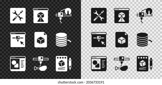 Set 3D Printer Setting, Software, Chicken Leg, Sketch On Paper,  And Isometric Cube File Icon. Vector