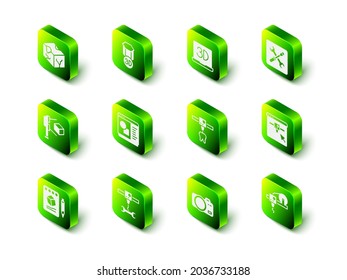Set 3D printer, setting, tooth, Photo camera and wrench spanner icon. Vector