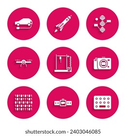 Establezca impresora 3D, Smartwatch, paquete blister Pills, cámara Mirrorless, código binario, vuelo de drones, símbolo de ADN e icono de coche eléctrico. Vector