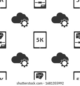 Set 3D printer, Tablet with text 5k and Cloud technology data transfer and storage on seamless pattern. Vector