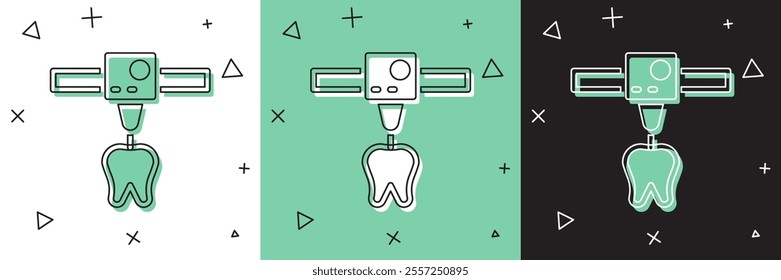 Set 3D printer tooth icon isolated on white and green, black background. 3d printing.  Vector